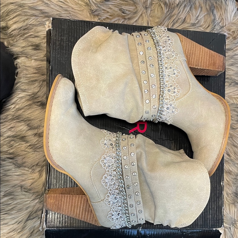 Not Rated Cream Heeled Boots with Lace and Studs